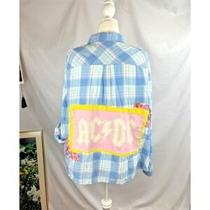 Upcycled Womens 3X Blue Plaid Button Down ACDC Patchwork Boho Whimsical Festival
